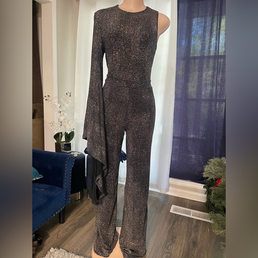 Good time USA Elegant Black Sparkle Flare stretch jumpsuit Medium one sleeve fit